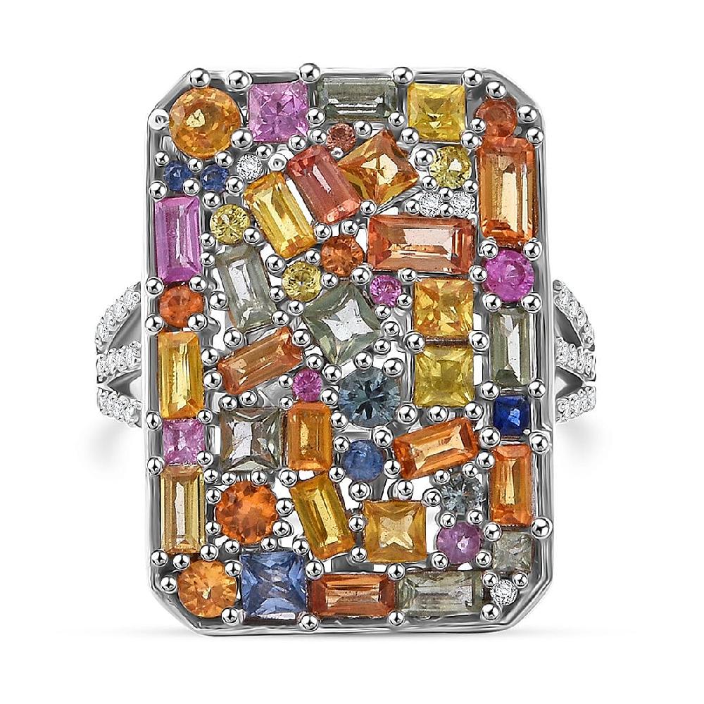 Multi Sapphire and White Zircon 6.00 ctw Ring in Rhodium Over Sterling Silver