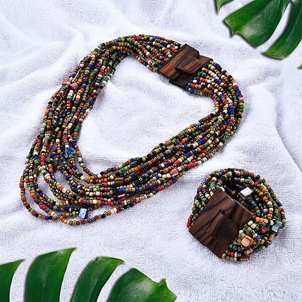 Multi Seed Bead Layered Necklace (18 Inches) Wooden Buckle Stretch Bracelet