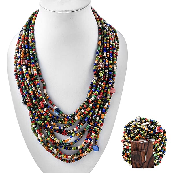 Multi Seed Bead Layered Necklace (18 Inches) Wooden Buckle Stretch Bracelet
