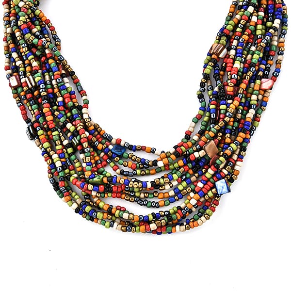 Multi Seed Bead Layered Necklace (18 Inches) Wooden Buckle Stretch Bracelet