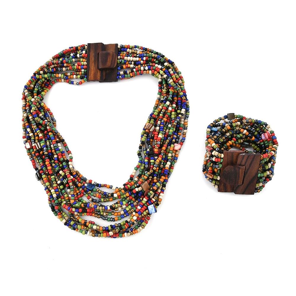 Multi Seed Bead Layered Necklace (18 Inches) Wooden Buckle Stretch Bracelet