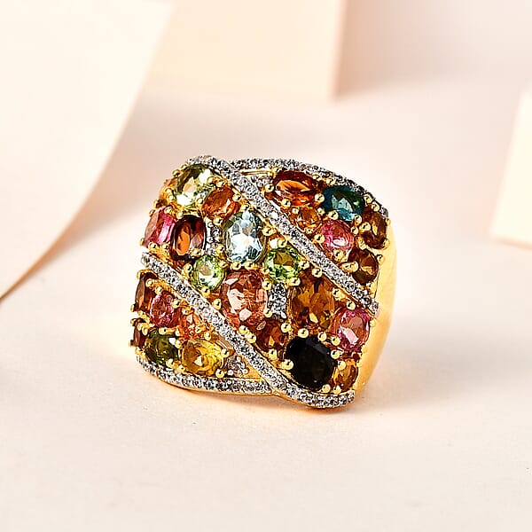 Multi-Tourmaline And White Zircon Ring In Vermeil Yellow Gold Over Sterling Silver 5.35 Ctw