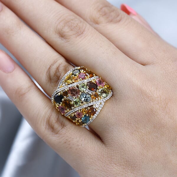 Multi-Tourmaline And White Zircon Ring In Vermeil Yellow Gold Over Sterling Silver 5.35 Ctw