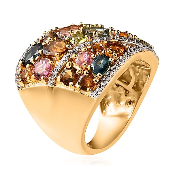 Multi-Tourmaline And White Zircon Ring In Vermeil Yellow Gold Over Sterling Silver 5.35 Ctw
