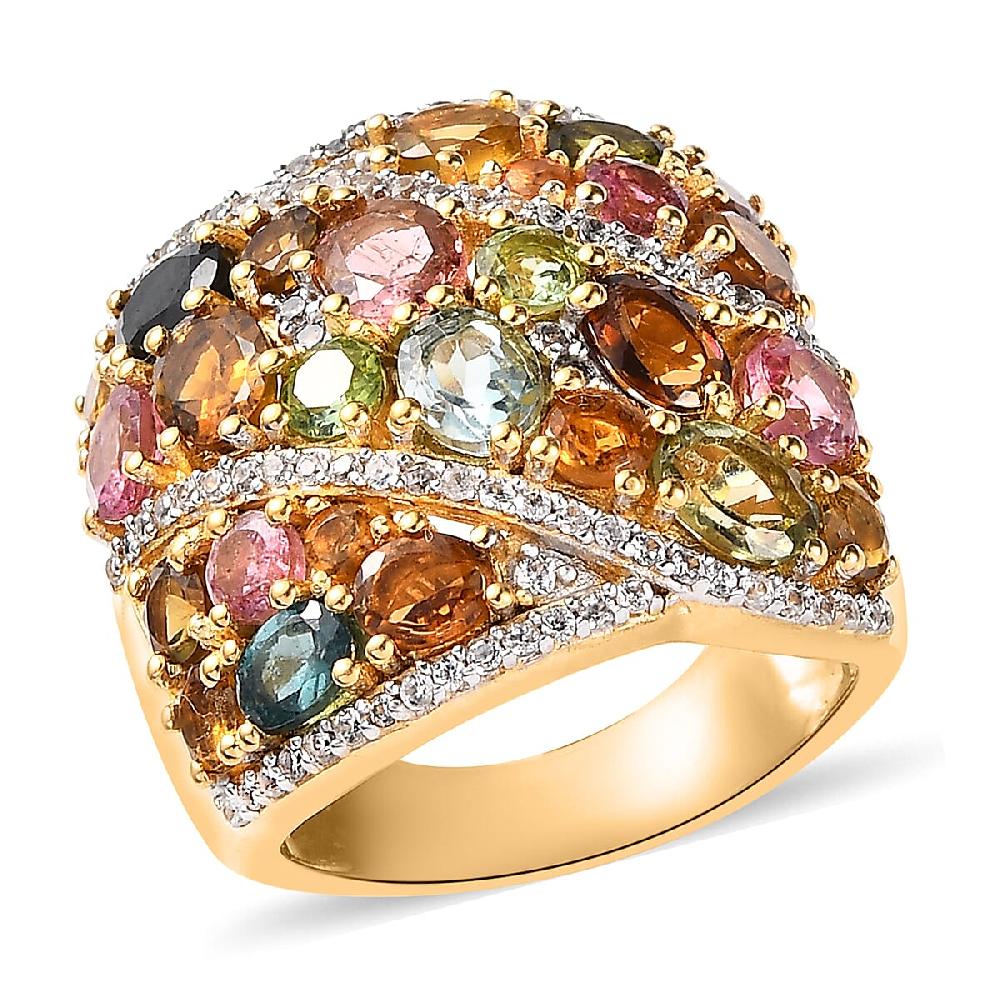 Multi-Tourmaline and White Zircon Ring in Vermeil Yellow Gold Over Sterling Silver 5.35 ctw