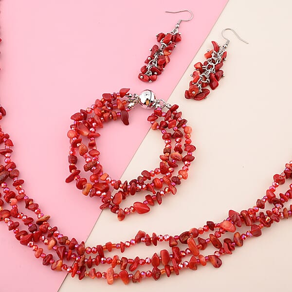 Multi Wear Coral Seed Beaded Earrings Multi Wear Triple Strand Bracelet (8 In) And Necklace (20.00 In) In Silvertone
