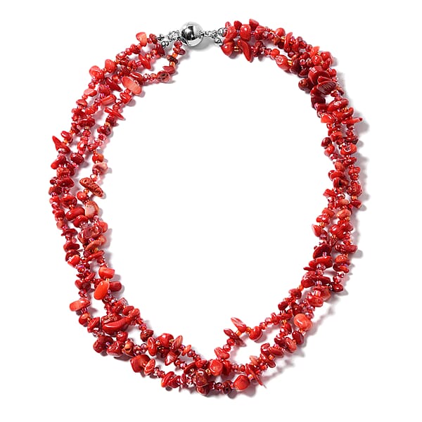 Multi Wear Coral Seed Beaded Earrings Multi Wear Triple Strand Bracelet (8 In) And Necklace (20.00 In) In Silvertone
