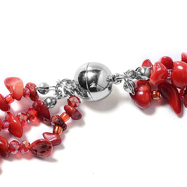 Multi Wear Coral Seed Beaded Earrings Multi Wear Triple Strand Bracelet (8 In) And Necklace (20.00 In) In Silvertone
