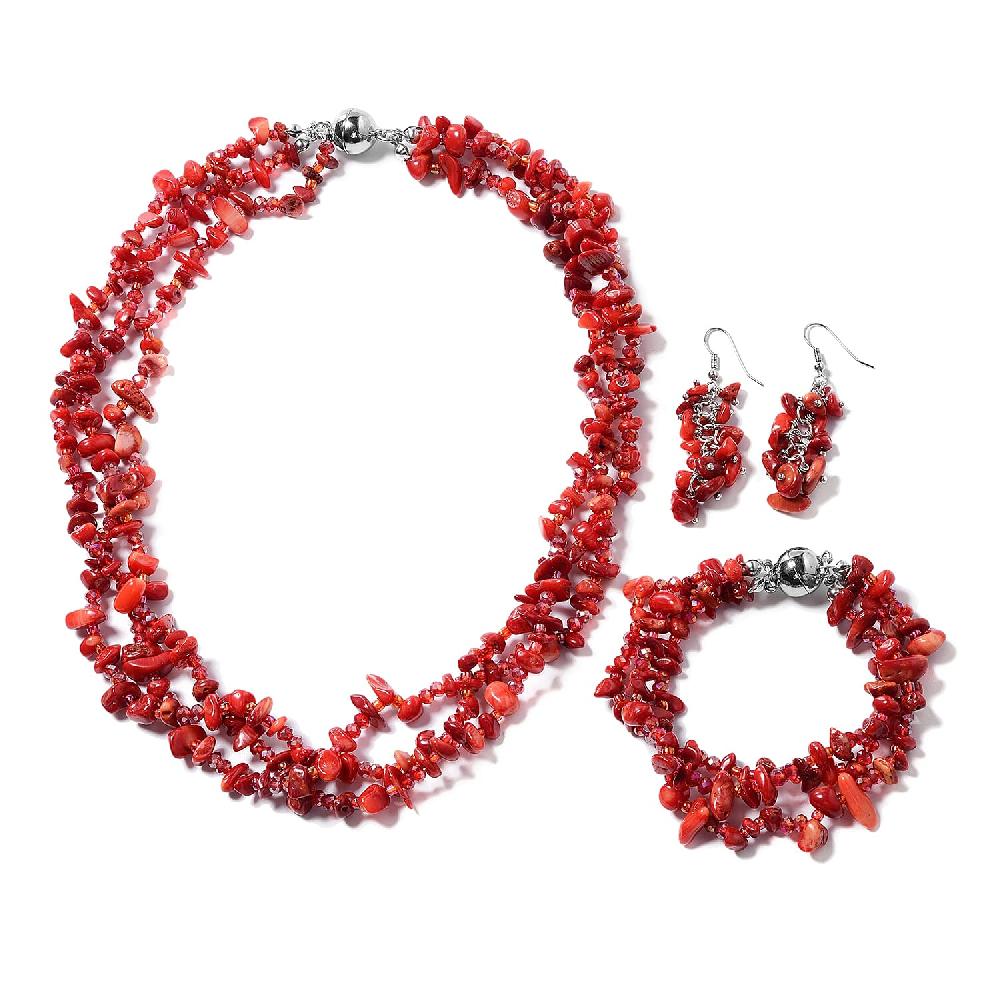 Multi Wear Coral Seed Beaded Earrings Multi Wear Triple Strand Bracelet (8 in) and Necklace (20.00 In) in Silvertone