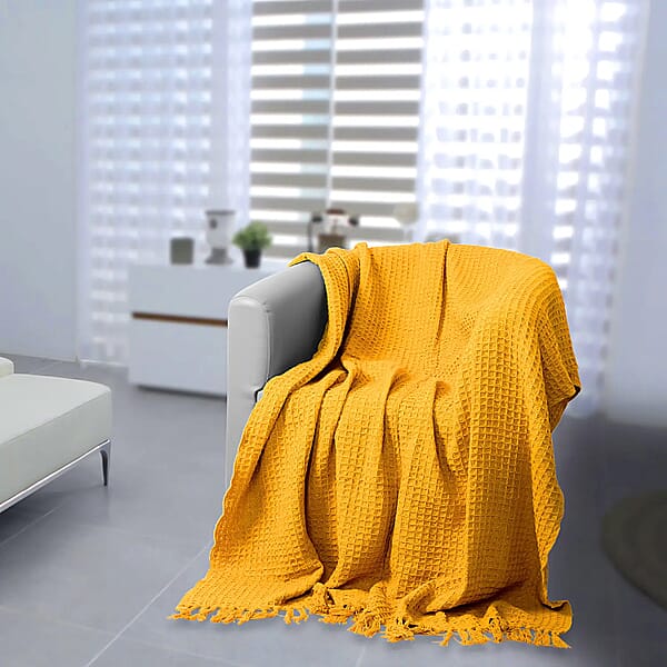 Mustard Honeycomb Pattern Throw With Tassels (Cotton)