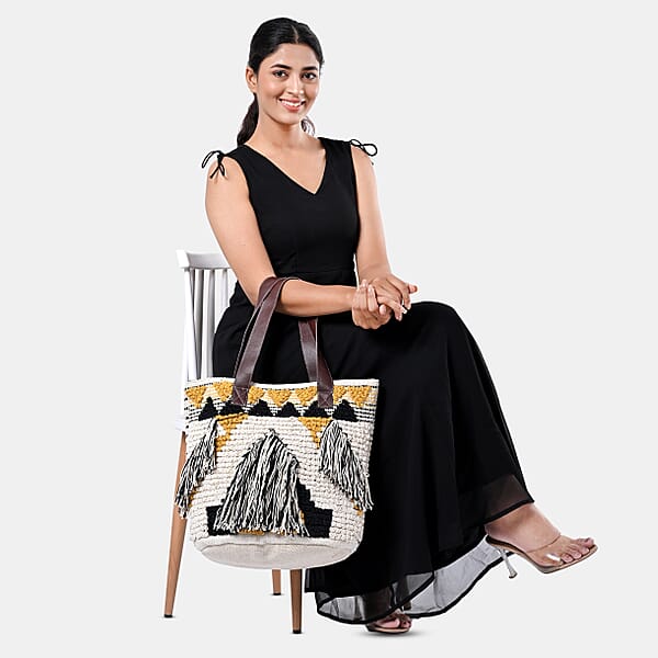 Mustard Yellow Cotton And Jacquard Tote Bag With Faux Leather Handle