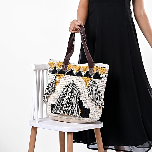 Mustard Yellow Cotton And Jacquard Tote Bag With Faux Leather Handle