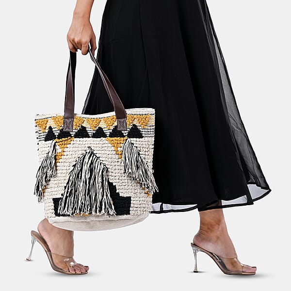 Mustard Yellow Cotton And Jacquard Tote Bag With Faux Leather Handle