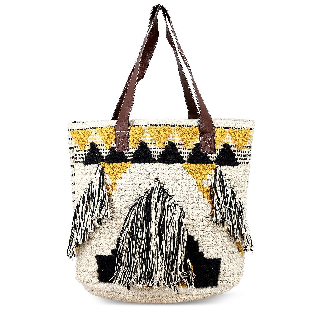 Mustard Yellow Cotton and Jacquard Tote Bag with Faux Leather Handle