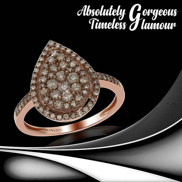 Natural Champagne Diamond 1.00 Ctw Ring In Rhodium And Vermeil RG Over Sterling Silver Cocktail Cluster Rings For Women