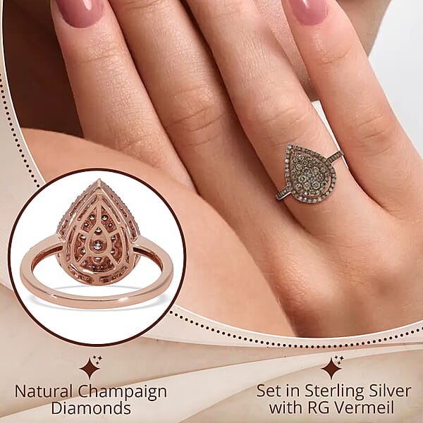 Natural Champagne Diamond 1.00 Ctw Ring In Rhodium And Vermeil RG Over Sterling Silver Cocktail Cluster Rings For Women