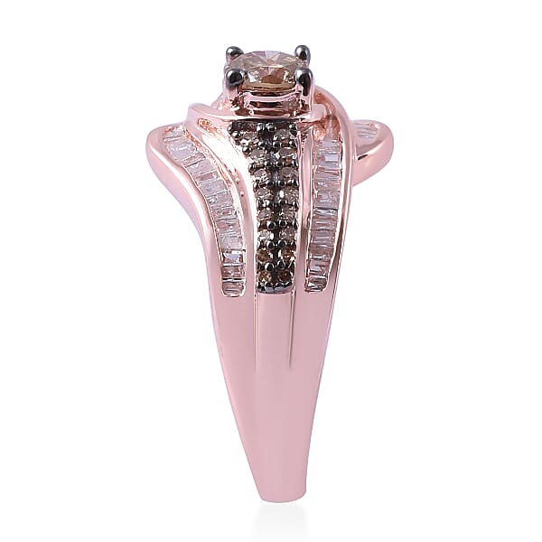 Natural Champagne Diamond And Diamond 1.00 Ctw Ring In Vermeil Rose Gold Over Sterling Silver