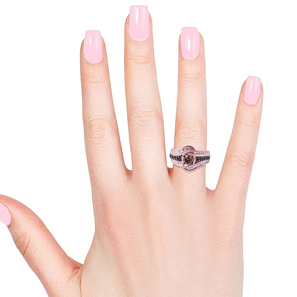 Natural Champagne Diamond And Diamond 1.00 Ctw Ring In Vermeil Rose Gold Over Sterling Silver