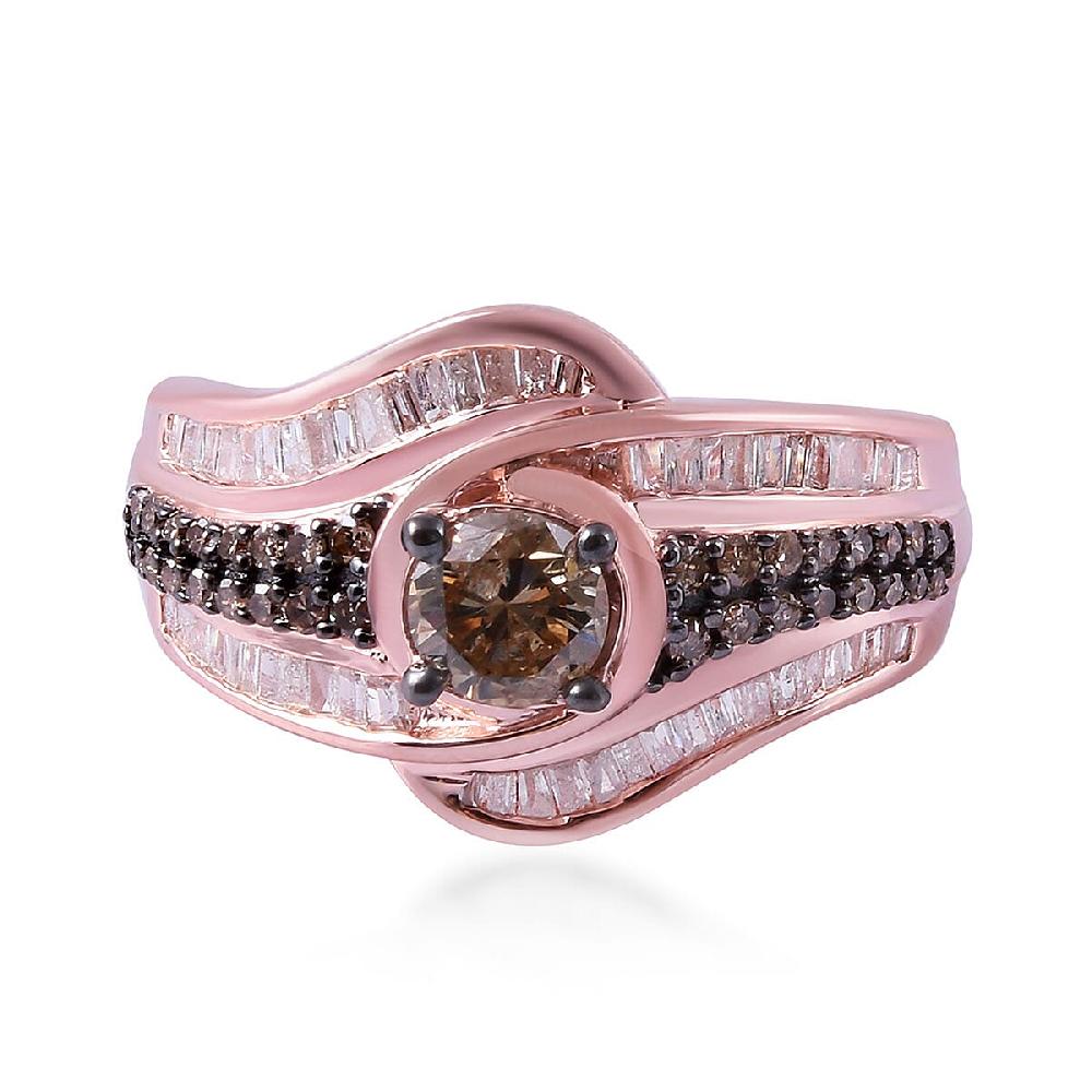 Natural Champagne Diamond and Diamond 1.00 ctw Ring in Vermeil Rose Gold Over Sterling Silver