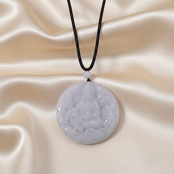Natural Jade 10.00 Ctw Carved Buddha Pendant With Black Rope Cord Necklace (28 Inches)