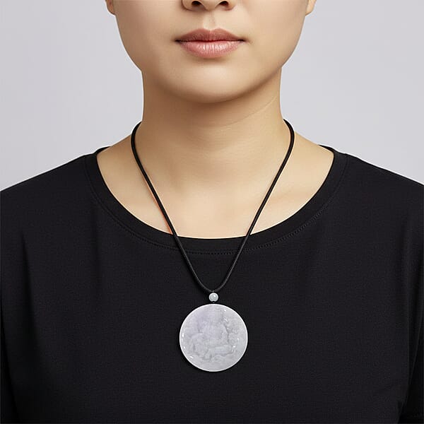 Natural Jade 10.00 Ctw Carved Buddha Pendant With Black Rope Cord Necklace (28 Inches)
