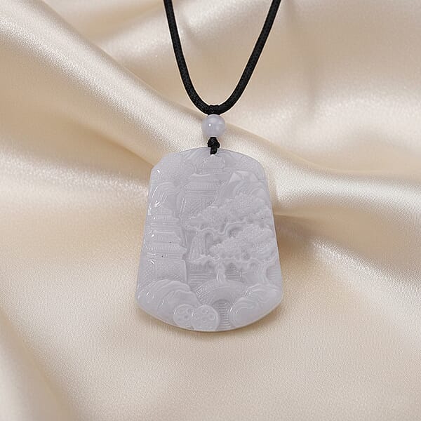 Natural Jade 155.00 Ctw Carved Pendant With Black Rope Cord Necklace 28 Inches