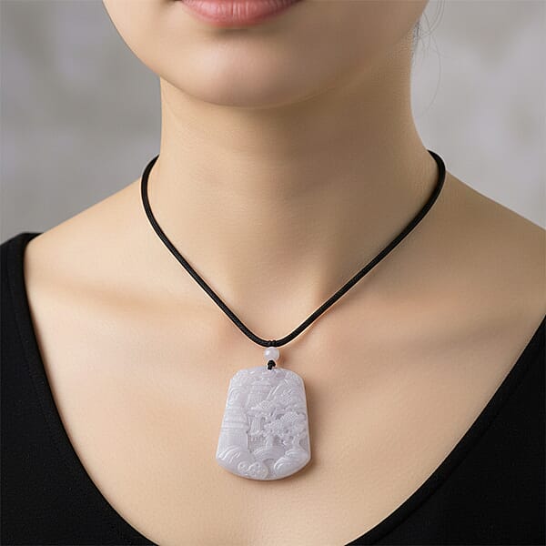 Natural Jade 155.00 Ctw Carved Pendant With Black Rope Cord Necklace 28 Inches