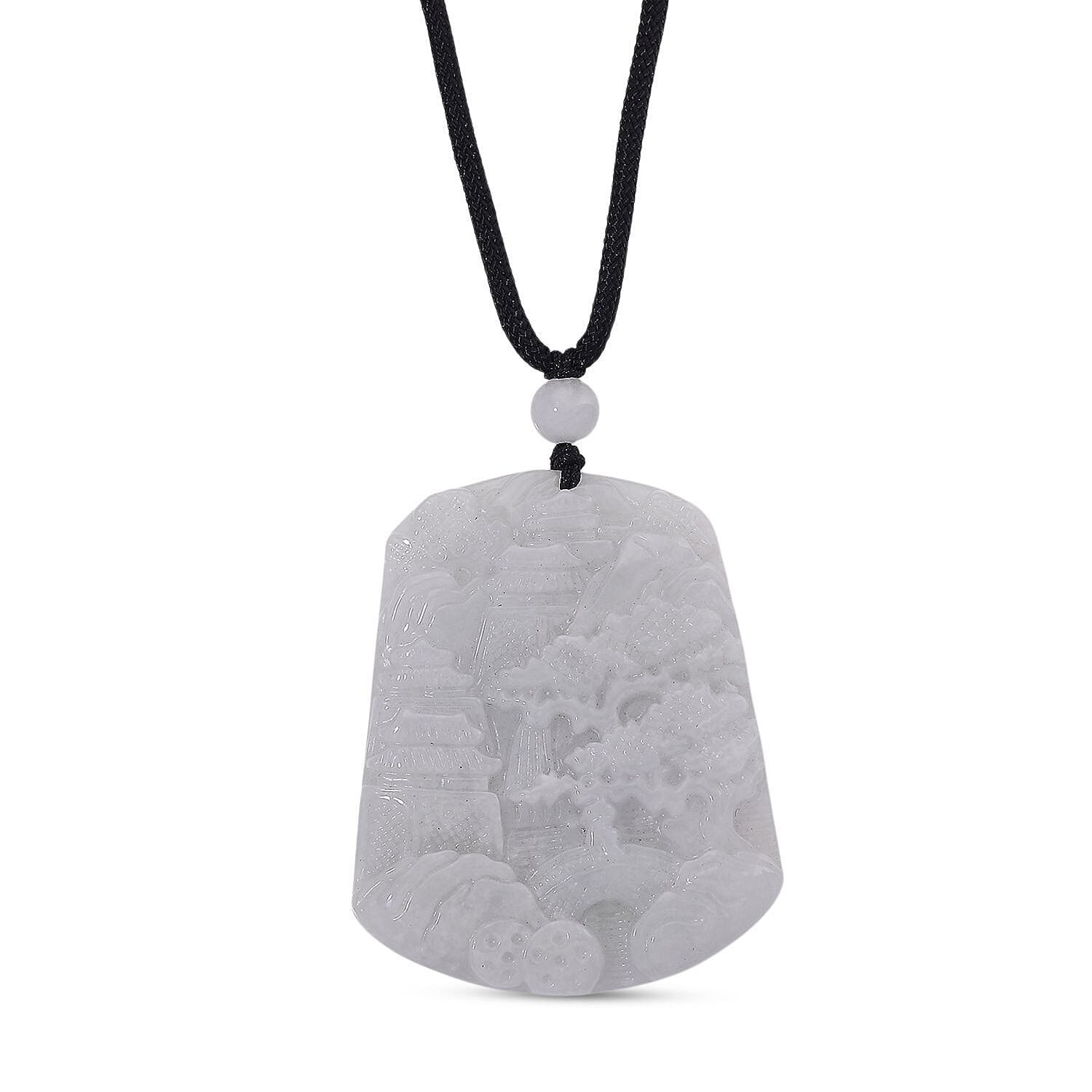 Natural Jade 155.00 ctw Carved Pendant with Black Rope Cord Necklace 28 Inches