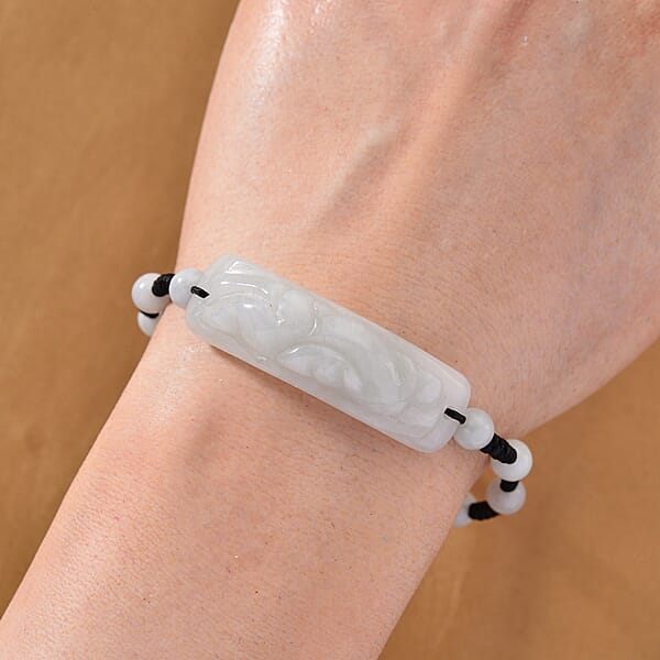 Natural Jade 50.00 Ctw Carved Black Cord Adjustable Shamballa Bracelet
