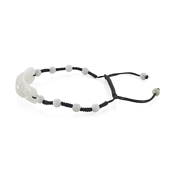 Natural Jade 50.00 Ctw Carved Black Cord Adjustable Shamballa Bracelet