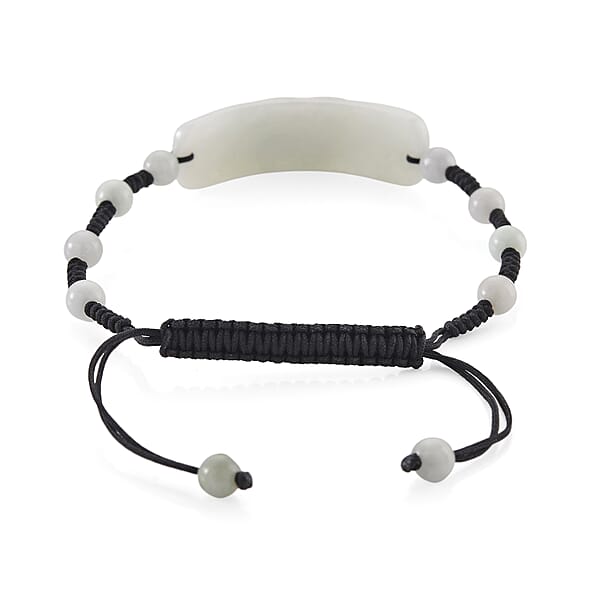 Natural Jade 50.00 Ctw Carved Black Cord Adjustable Shamballa Bracelet