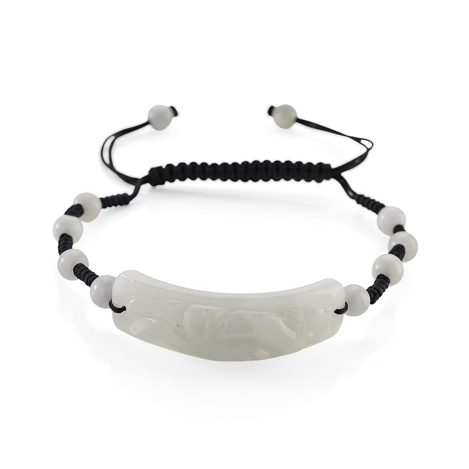 Natural Jade 50.00 ctw Carved Black Cord Adjustable Shamballa Bracelet