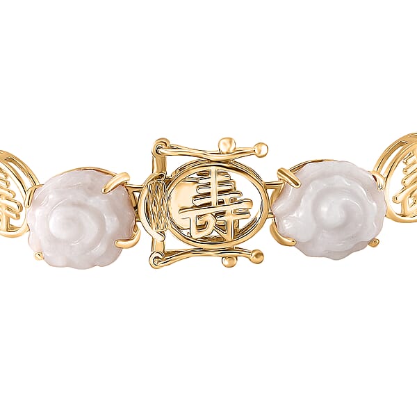 Natural Jade Carved 29.85 Ctw Floral Bracelet In 18K Vermeil Yellow Gold Over Sterling Silver (6.50 In)