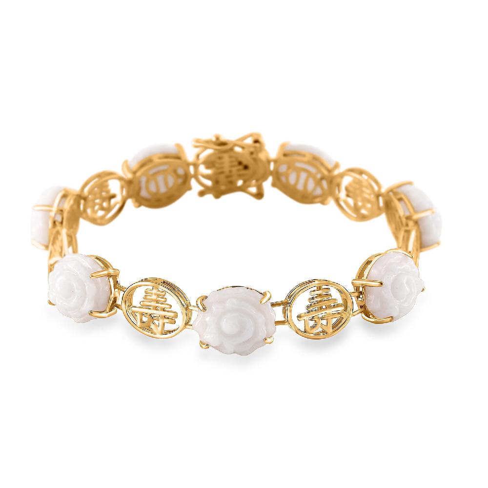 Natural Jade Carved 29.85 ctw Floral Bracelet in 18K Vermeil Yellow Gold Over Sterling Silver (6.50 In)