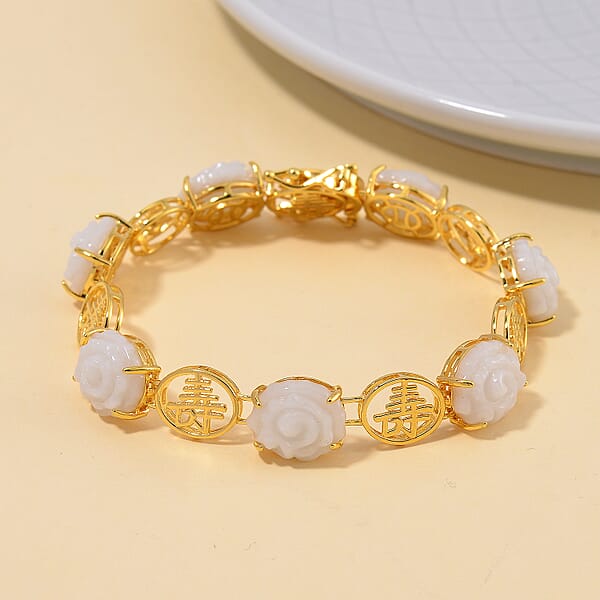 Natural Jade Carved 34.65 Ctw Floral Bracelet In 18K Vermeil Yellow Gold Over Sterling Silver (7.50 In)