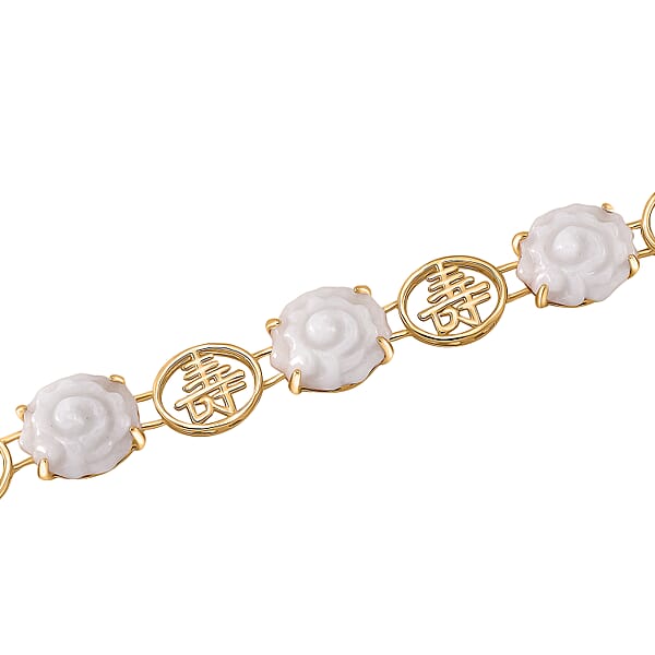 Natural Jade Carved 34.65 Ctw Floral Bracelet In 18K Vermeil Yellow Gold Over Sterling Silver (7.50 In)