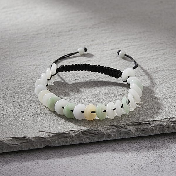 Natural Jade Discs Shamballa Bracelet With Black Cord Adjustable 65.00 Ctw