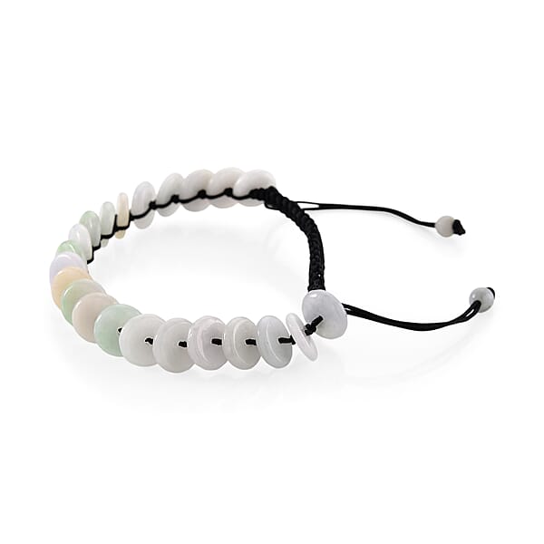 Natural Jade Discs Shamballa Bracelet With Black Cord Adjustable 65.00 Ctw