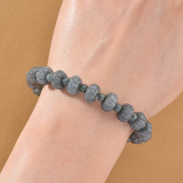 Natural Olmec Jadeite 130.00 Ctw Carved Beaded Stretch Bracelet