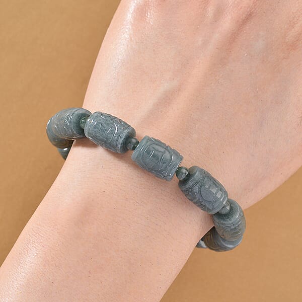 Natural Olmec Jadeite 210.00 Ctw Barrel And Beaded Stretch Bracelet