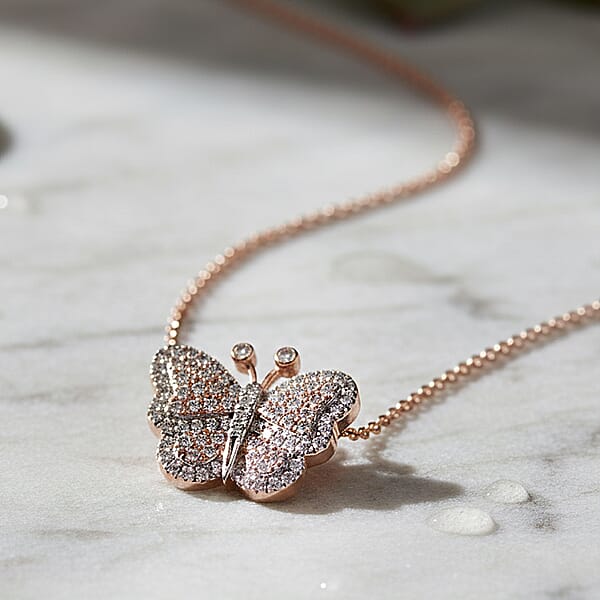 Natural Pink And White Diamond 0.35 Ctw Butterfly Pendant Necklace In Vermeil Rose Gold Over Sterling Silver 20 Inches
