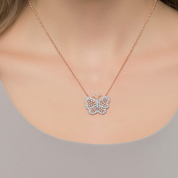 Natural Pink And White Diamond 0.35 Ctw Butterfly Pendant Necklace In Vermeil Rose Gold Over Sterling Silver 20 Inches