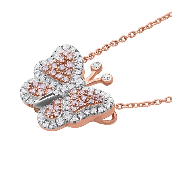 Natural Pink And White Diamond 0.35 Ctw Butterfly Pendant Necklace In Vermeil Rose Gold Over Sterling Silver 20 Inches