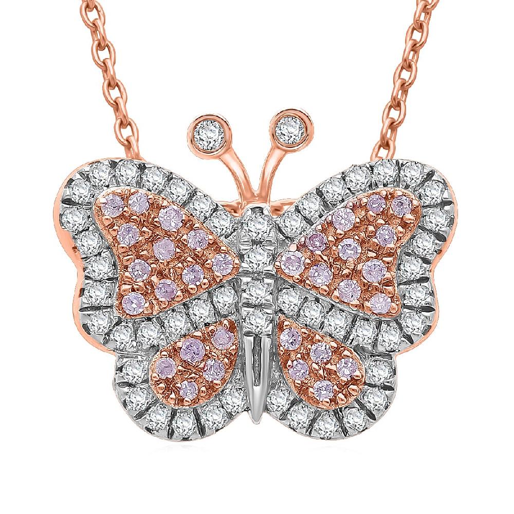 Natural Pink and White Diamond 0.35 ctw Butterfly Pendant Necklace in Vermeil Rose Gold Over Sterling Silver 20 Inches