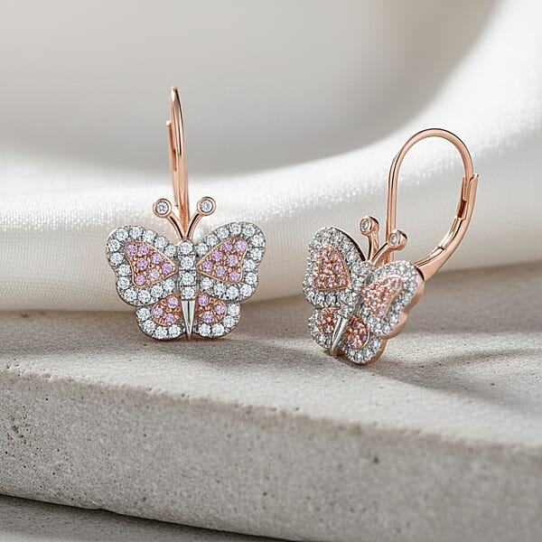 Natural Pink And White Diamond Butterfly Earrings In Vermeil RG Over Sterling Silver 0.50 Ctw