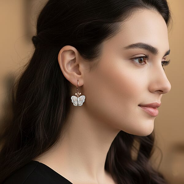 Natural Pink And White Diamond Butterfly Earrings In Vermeil RG Over Sterling Silver 0.50 Ctw