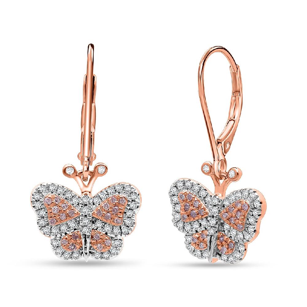 Natural Pink and White Diamond Butterfly Earrings in Vermeil RG Over Sterling Silver 0.50 ctw
