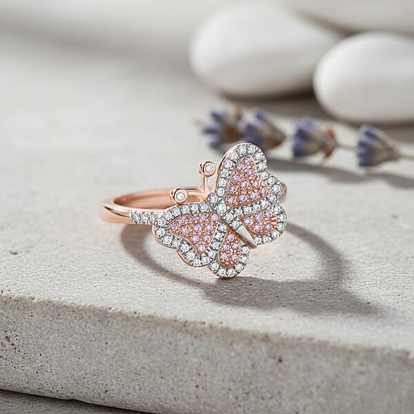 Natural Pink Diamond White Diamond Butterfly Ring In Vermeil RG Over Sterling Silver 0.35 Ctw