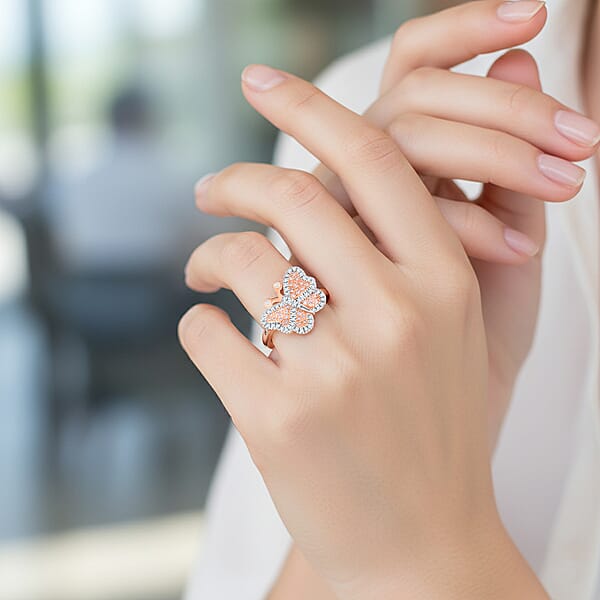 Natural Pink Diamond White Diamond Butterfly Ring In Vermeil RG Over Sterling Silver 0.35 Ctw