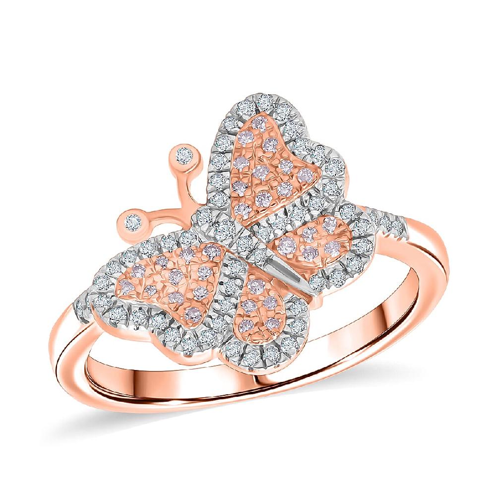 Natural Pink Diamond White Diamond Butterfly Ring in Vermeil RG Over Sterling Silver 0.35 ctw